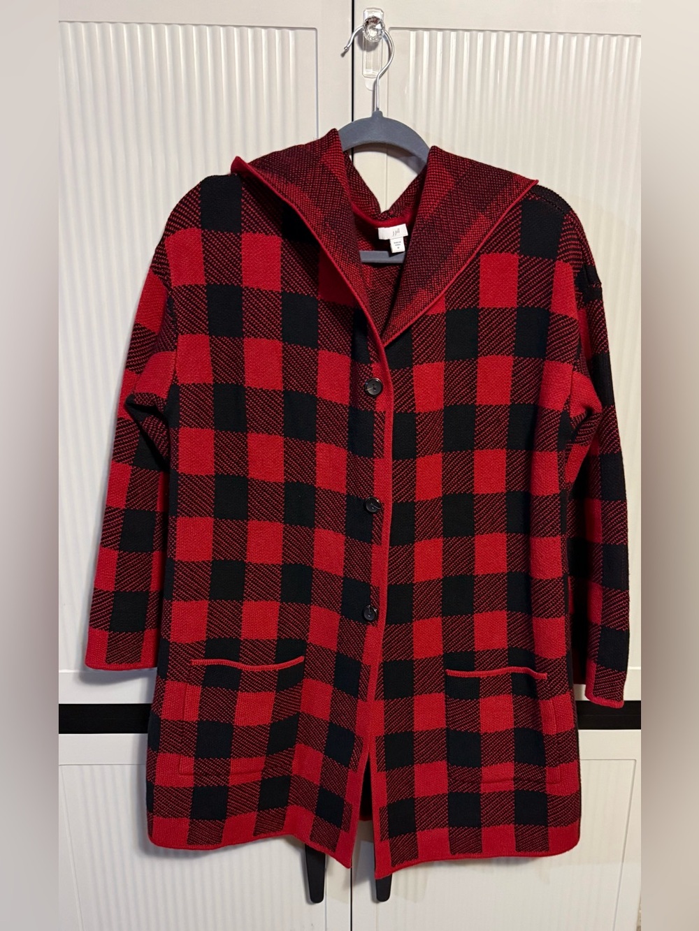 J Jill Red & Black Buffalo Plaid Hooded Coat with Front Buttons and Pockets